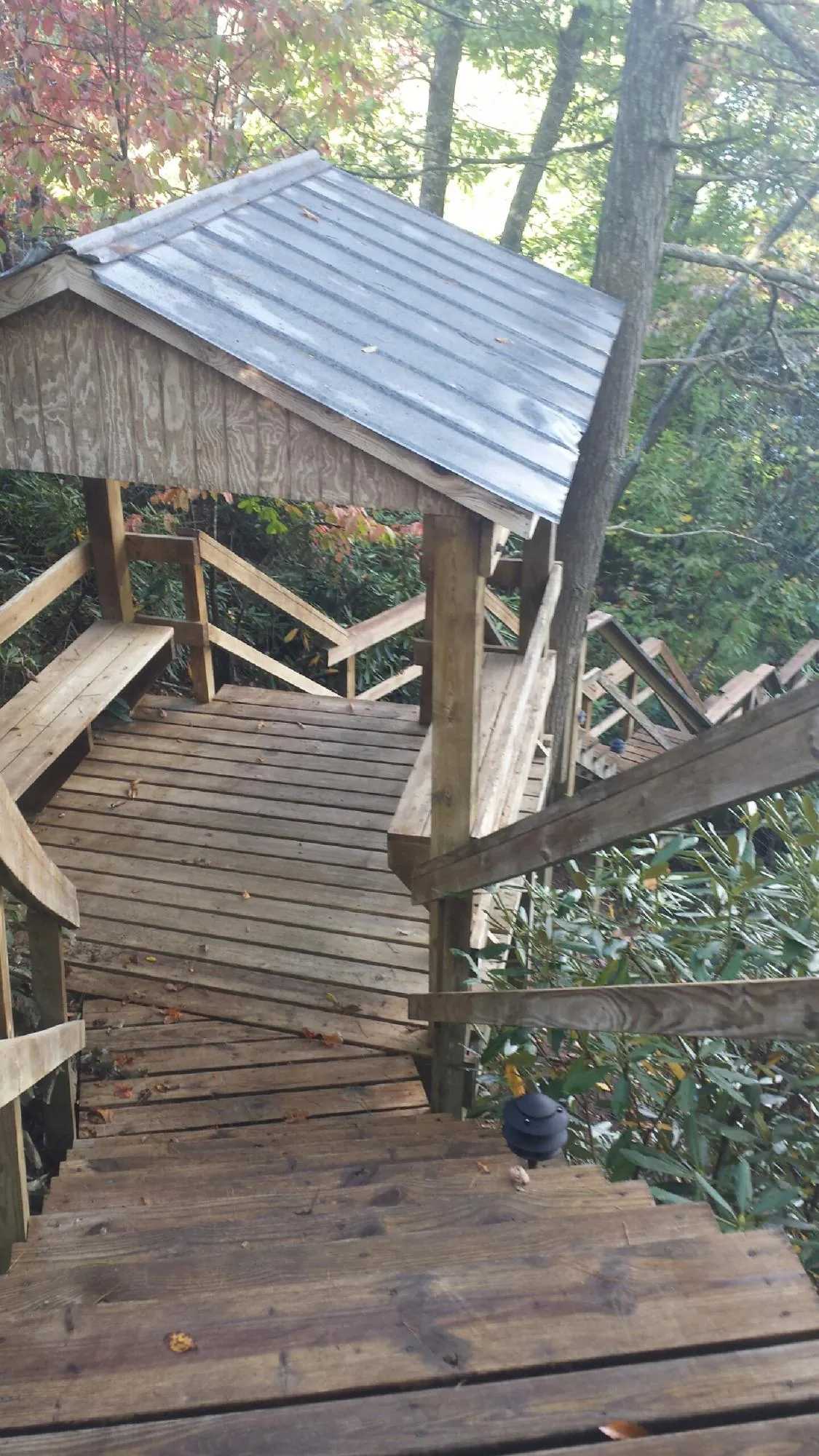 Metal roofed shelter over wooden steps on a wooded walkway — Skylight Repair & Installation work by our crew in Swan Lake